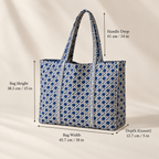 Samudra quilted tote size chart: 18 in (45.7 cm) wide, 15 in (38.1 cm) tall, 5 in (12.7 cm) deep, 24 in (61 cm) handle drop