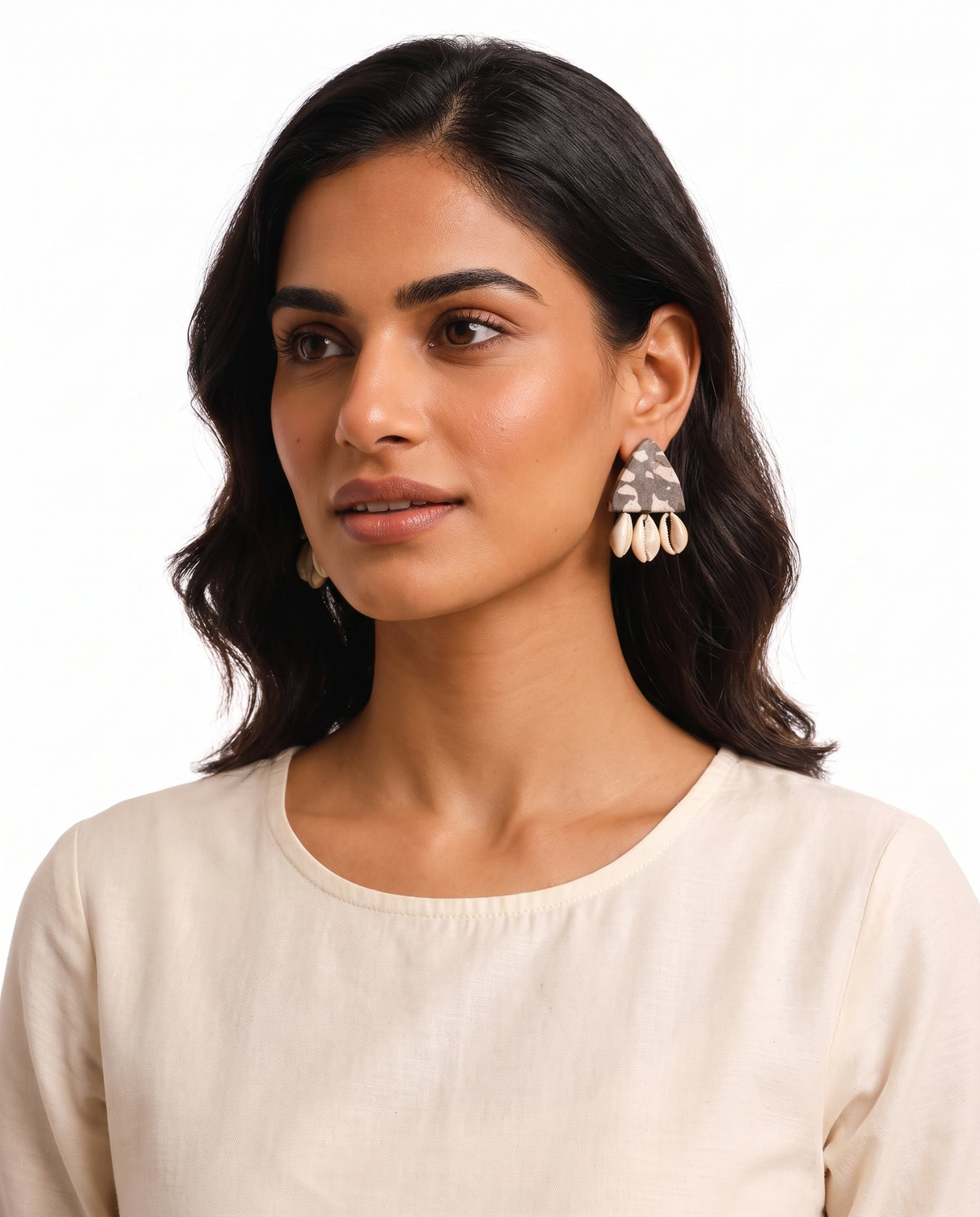 Natural Shell Drop Earrings styled on model (AI-generated styling image)