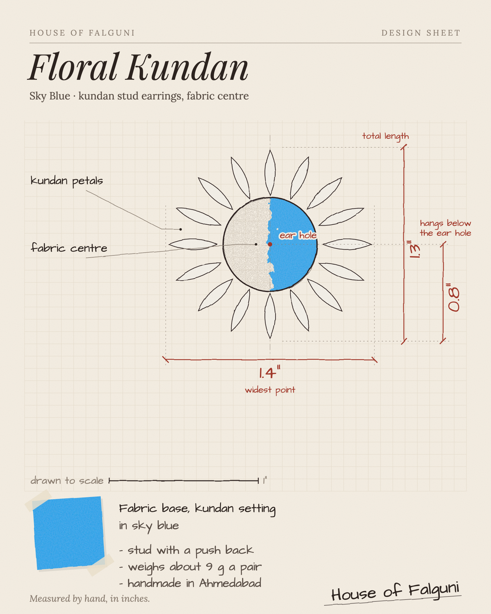 Size sketch of the Sky Blue Floral Kundan Earrings, drawn to scale in inches: 1.3 in long × 1.4 in across, hangs 0.8 in, kundan petals around a sky blue fabric centre. House of Falguni design sheet.