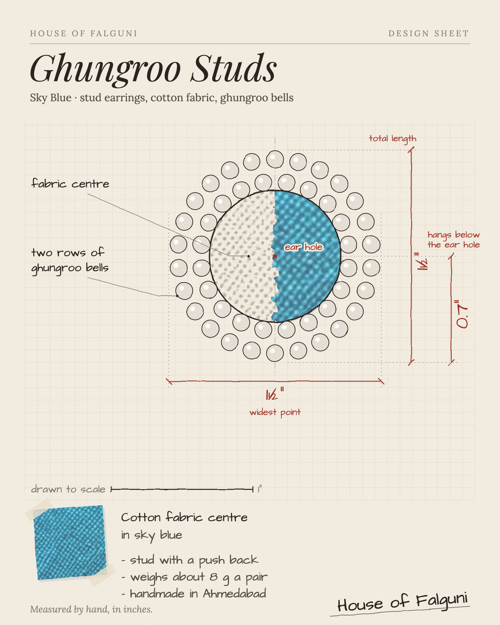 Size sketch of the Sky Blue Ghungroo Stud Earrings, drawn to scale in inches: 1½ in long × 1½ in across, hangs 0.7 in, 8 g a pair. House of Falguni design sheet.