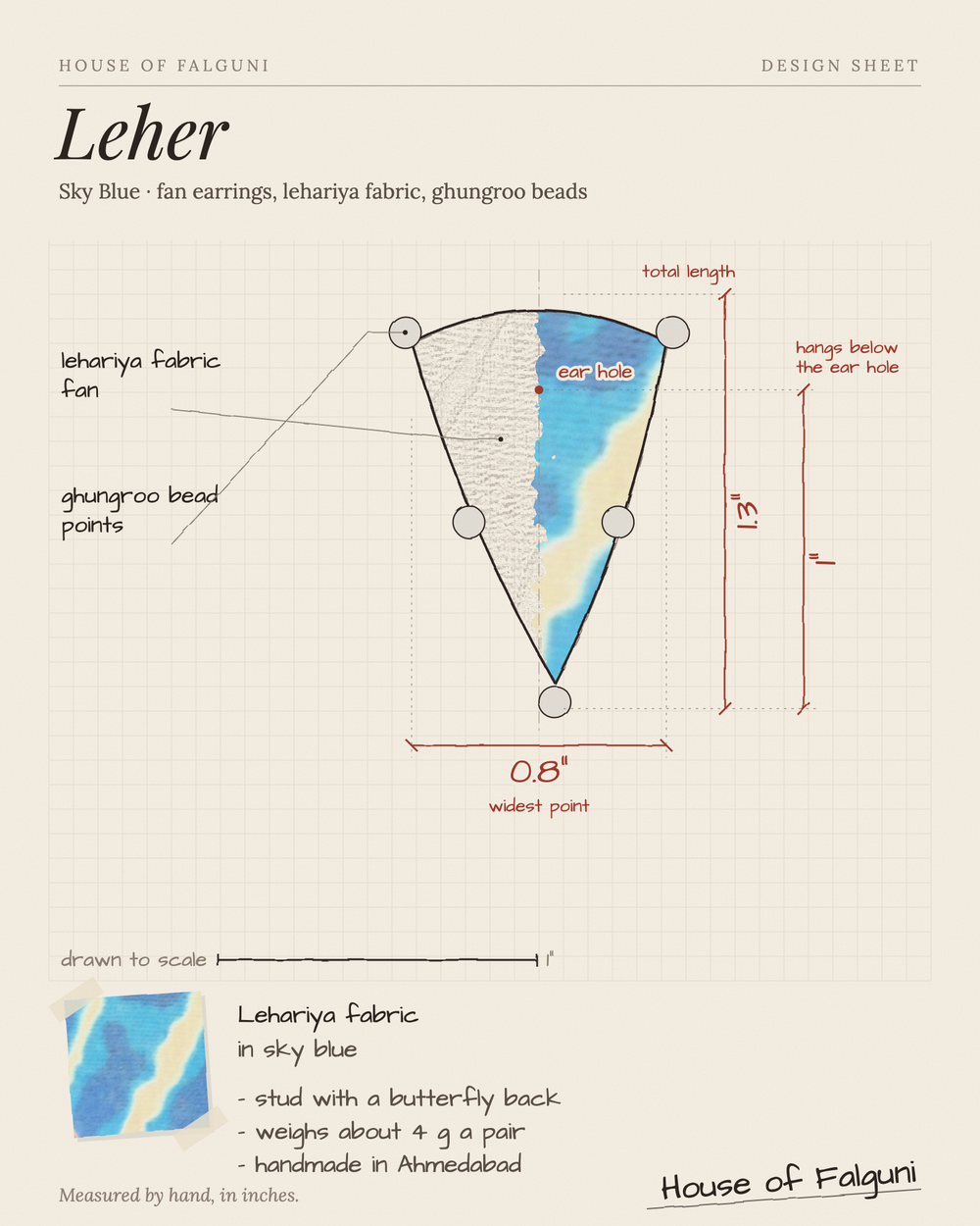 Size sketch of the Leher Sky Blue Half Moon Earrings, drawn to scale in inches: 1.3 in long × 0.8 in across, hangs 1 in, 4 g a pair. House of Falguni design sheet.