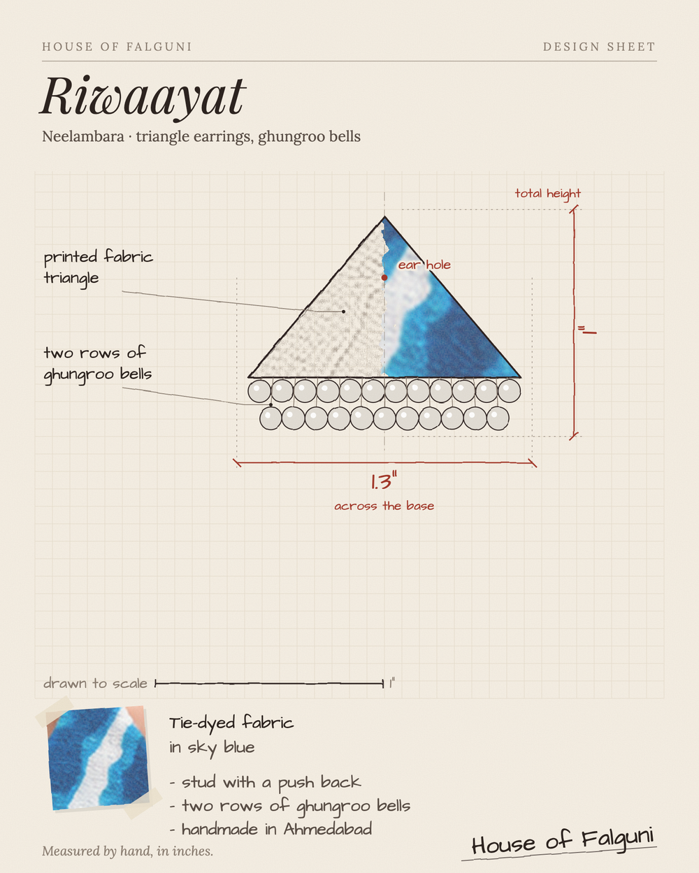 Size sketch of the Riwaayat Neelambara Sky Blue Triangle Earrings, drawn to scale in inches: 1 in tall × 1.3 in across the base, two rows of ghungroo bells. House of Falguni design sheet.