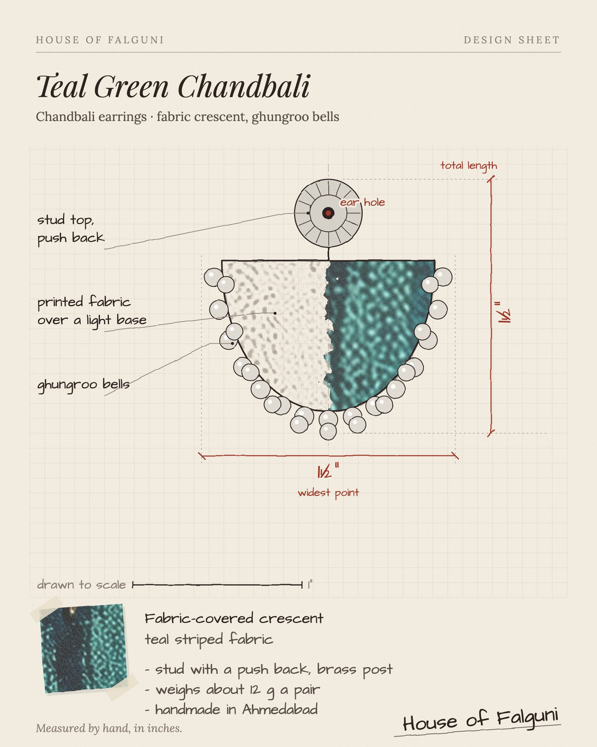 Size sketch of the Teal Green Chandbali Earrings with Ghungroo, drawn to scale in inches: 1½ in long × 1½ in across, 12 g a pair. House of Falguni design sheet.