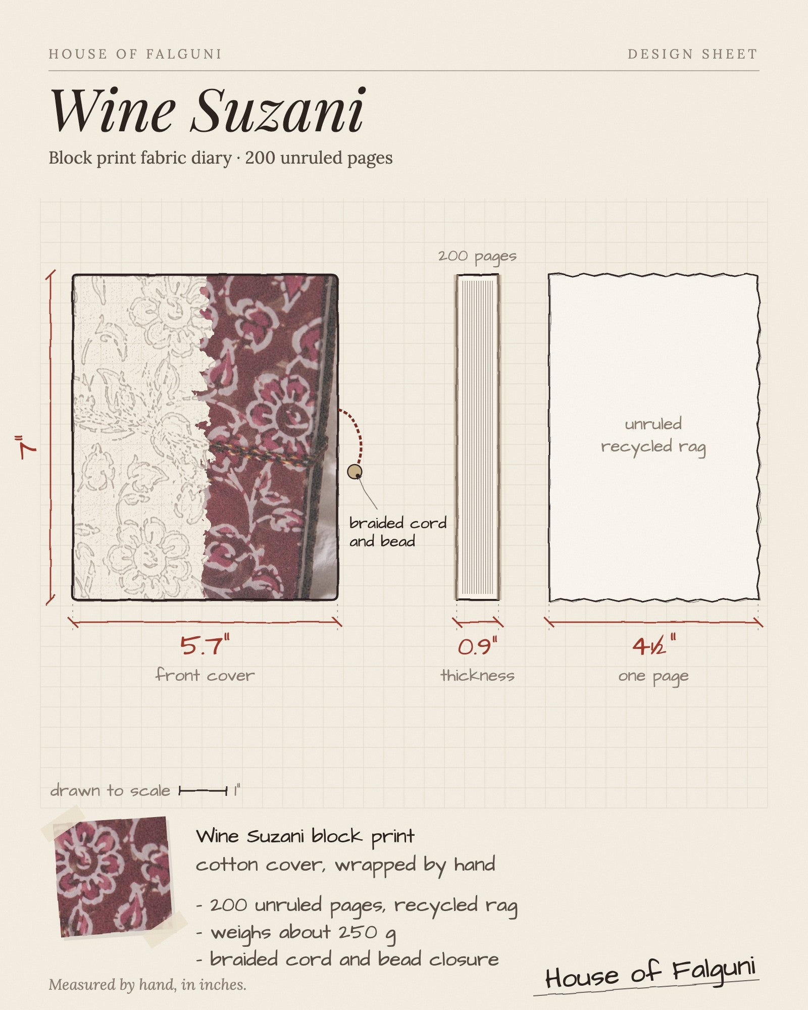 Size sketch of the Wine Suzani Block Print Fabric Diary, 200 Unruled Pages, drawn to scale in inches: 5.7 × 7 in, 0.9 in thick, 200 pages, 250 g. House of Falguni design sheet.