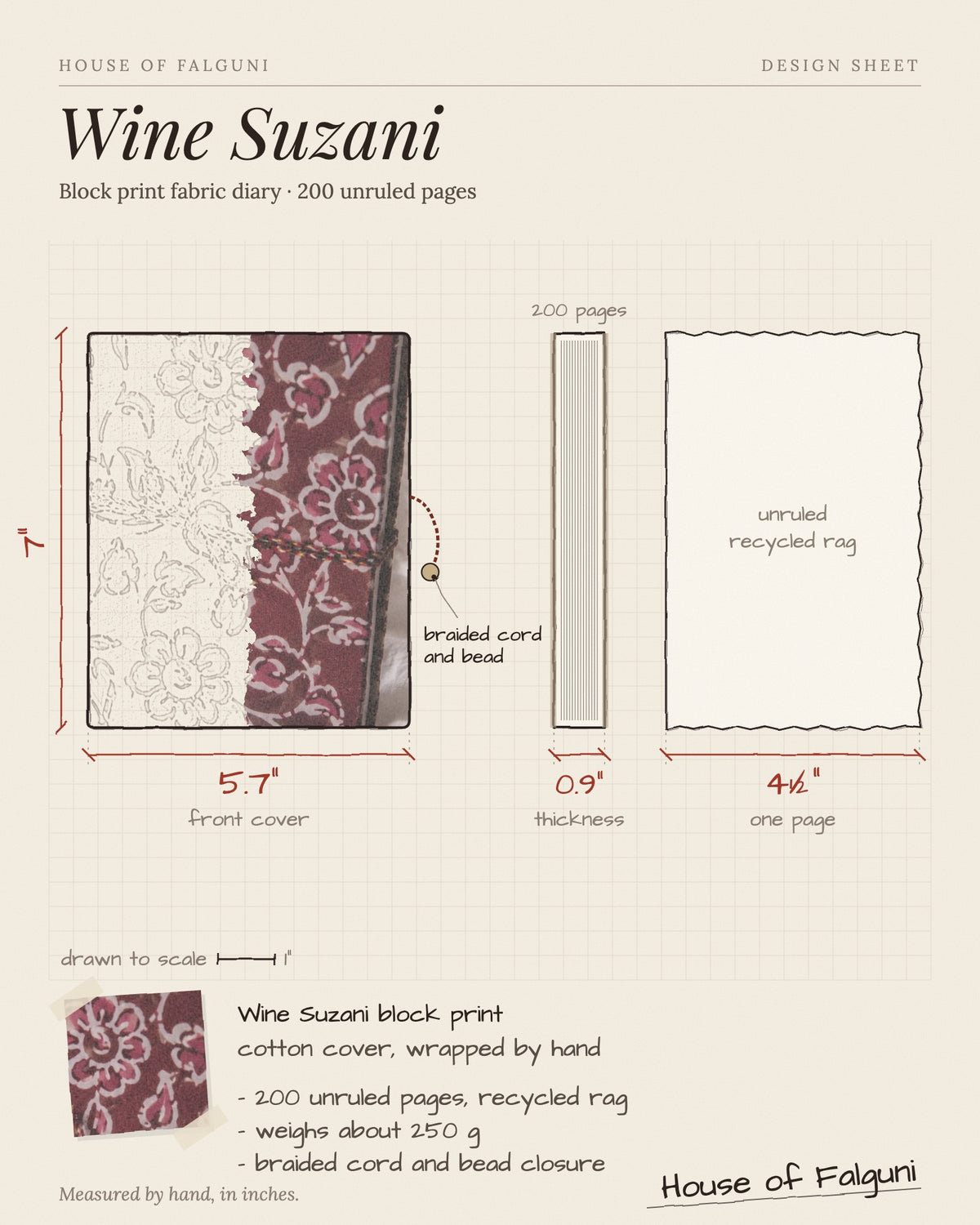 Size sketch of the Wine Suzani Block Print Fabric Diary, 200 Unruled Pages, drawn to scale in inches: 5.7 × 7 in, 0.9 in thick, 200 pages, 250 g. House of Falguni design sheet.
