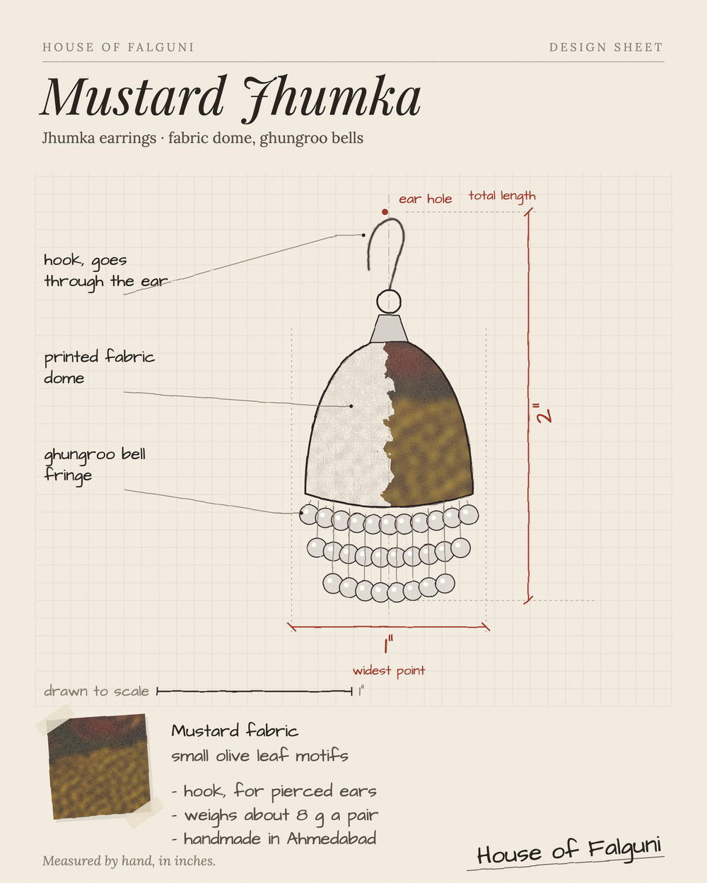 Size sketch of the Mustard Jhumka Earrings, drawn to scale in inches: mustard fabric dome with a ghungroo bell fringe, 2 in long × 1 in across, hangs 2 in, 8 g a pair. House of Falguni design sheet.