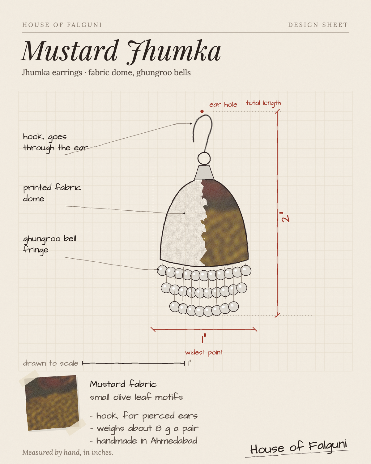 Size sketch of the Mustard Jhumka Earrings, drawn to scale in inches: mustard fabric dome with a ghungroo bell fringe, 2 in long × 1 in across, hangs 2 in, 8 g a pair. House of Falguni design sheet.