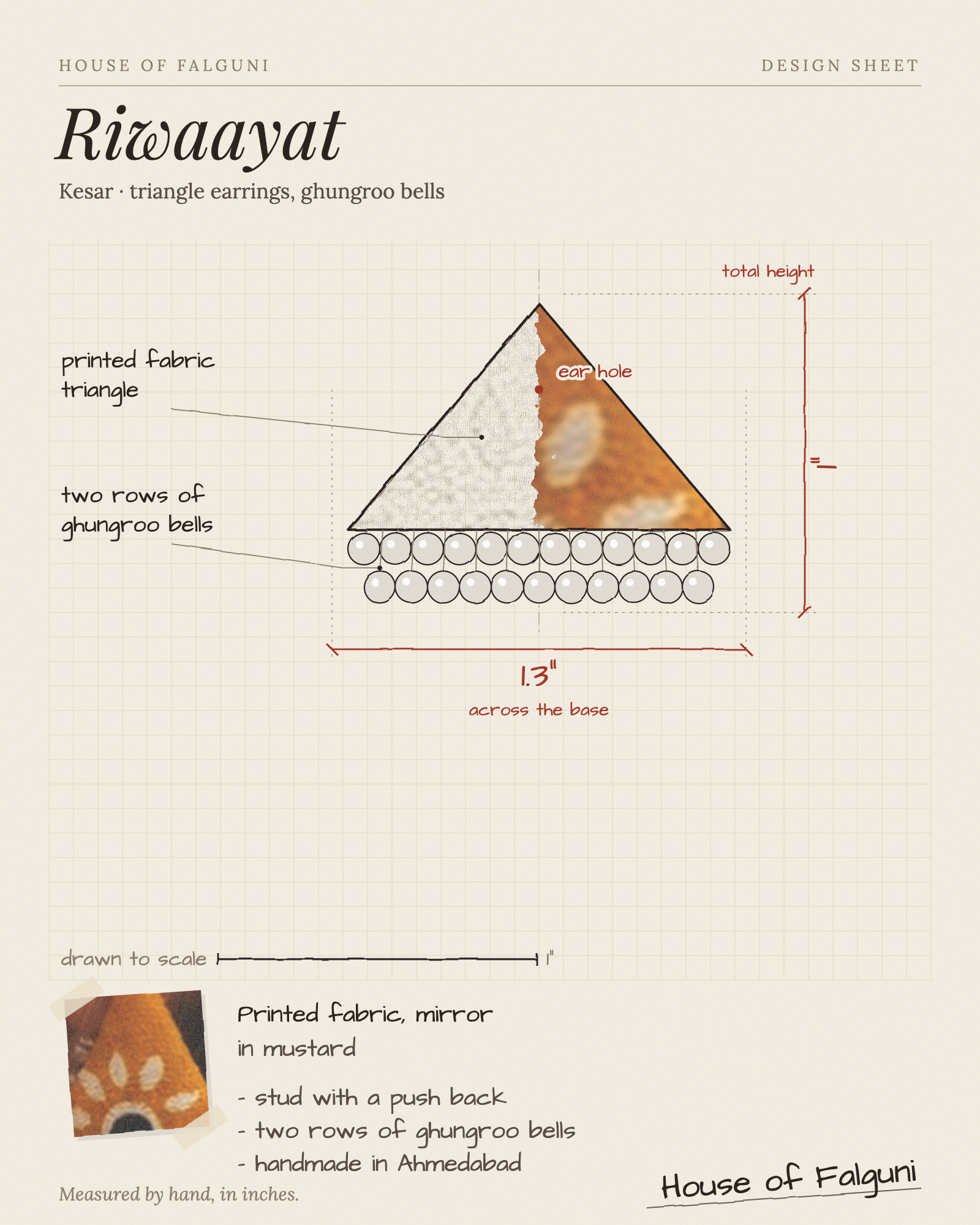 Size sketch of the Riwaayat Kesar Mustard Triangle Earrings, drawn to scale in inches: 1 in tall × 1.3 in across the base, two rows of ghungroo bells. House of Falguni design sheet.